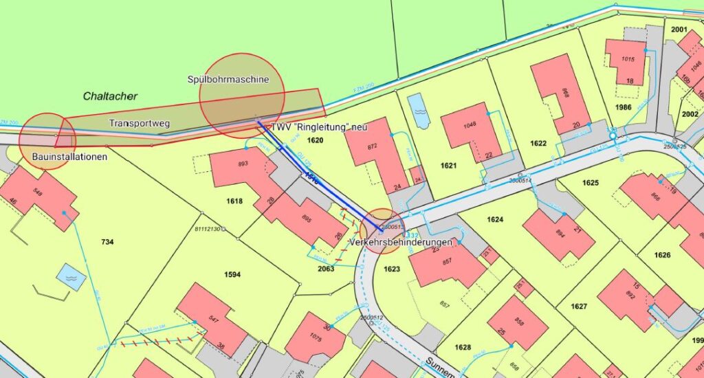 Kartenausschnitt betreffend Trinkwasser «Ringschluss» Sunnemattstrasse, Höhe Nr. 26 in Hedingen durch die WVGH.