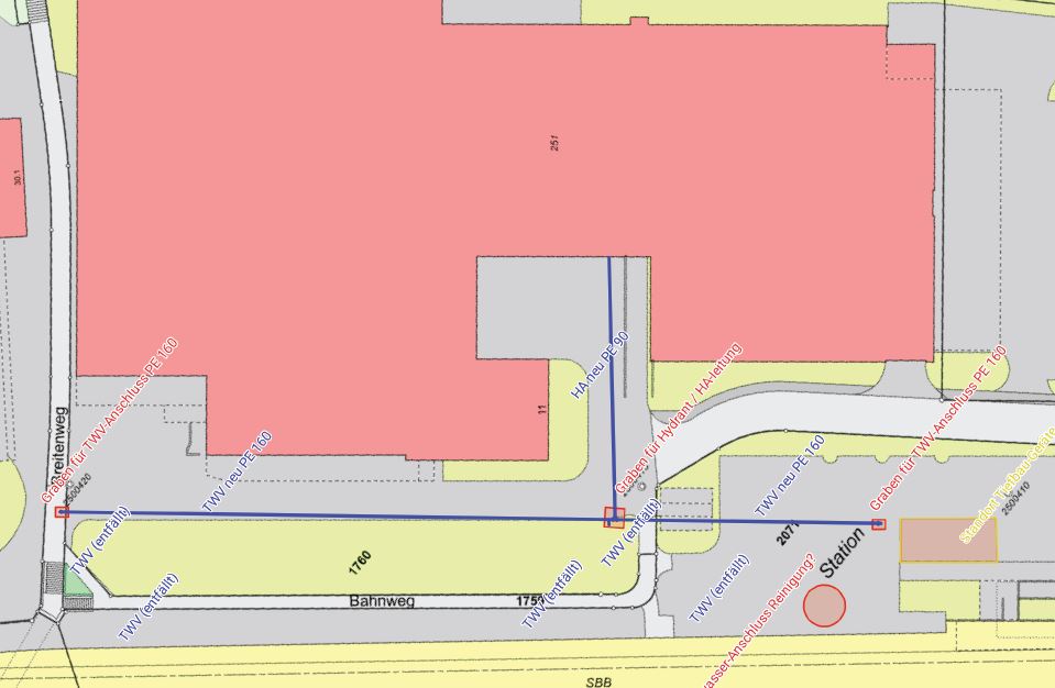 Kartenausschnitt betreffend Ersatz Trinkwasser-Leitung «Bahnweg» in Hedingen durch die WVGH.